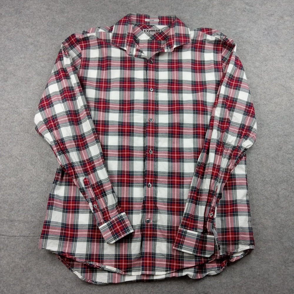 Express Shirt Mens XL Red Plaid‎ Slim Fit Button Front Long Sleeve Cotton Casual